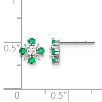 14k White Gold 2mm Round Emerald and Diamond Post Earrings
