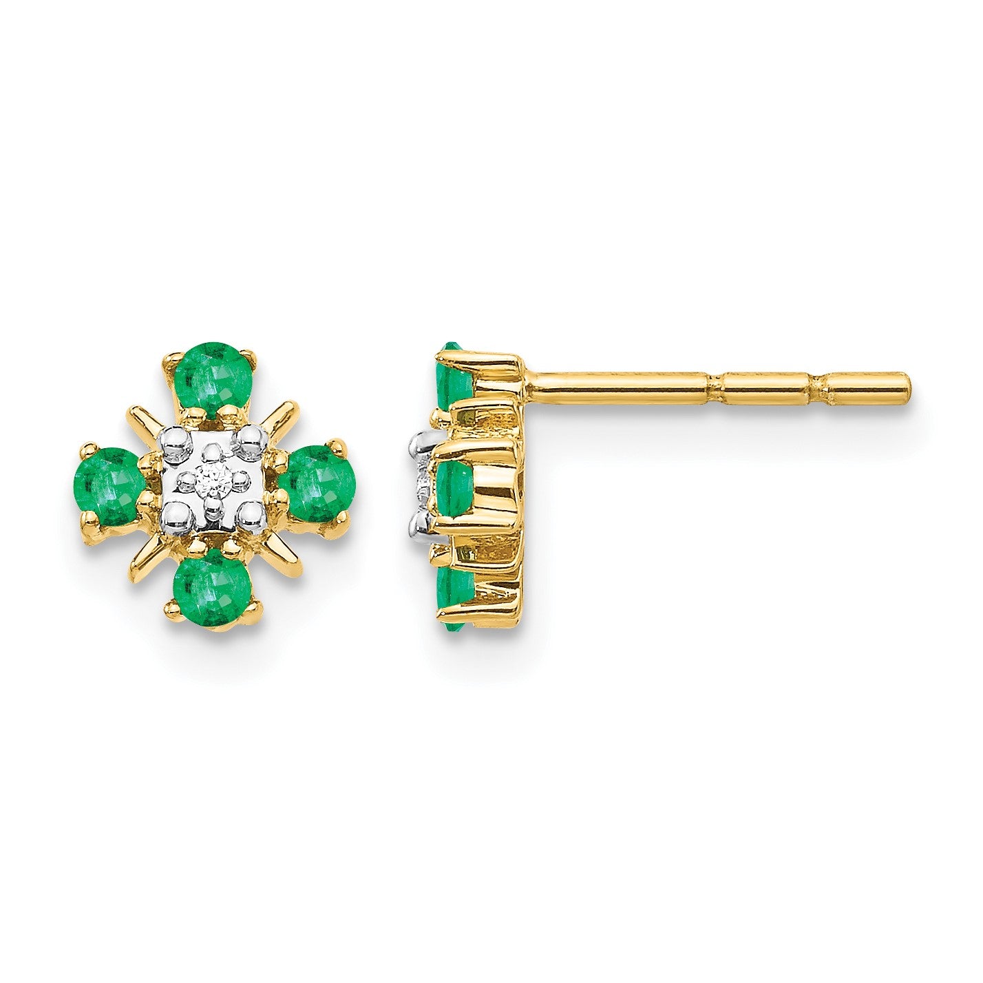 14k 2mm Round Emerald and Diamond Post Earrings