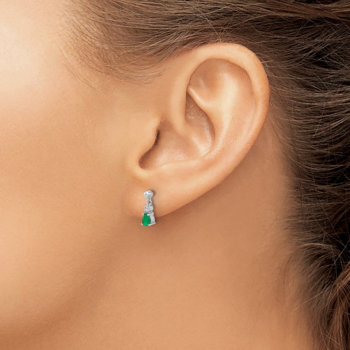 14k White Gold 4x3mm Pear Emerald and Diamond Dangle Post Earrings