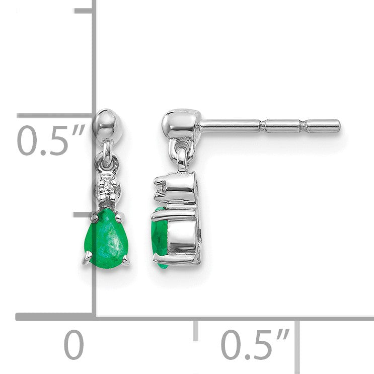 14k White Gold 4x3mm Pear Emerald and Diamond Dangle Post Earrings