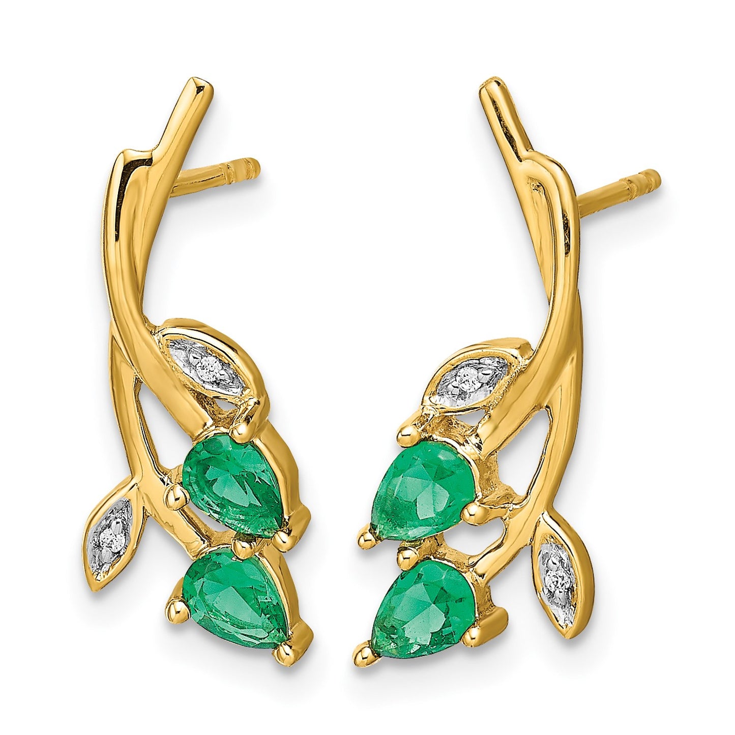 14k Diamond and Pear Emerald Floral Post Earrings