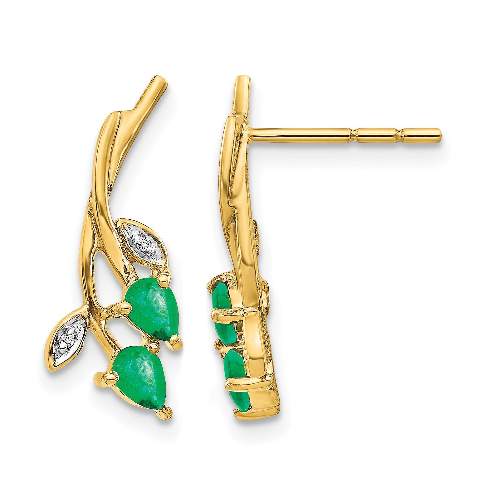 14k Diamond and Pear Emerald Floral Post Earrings