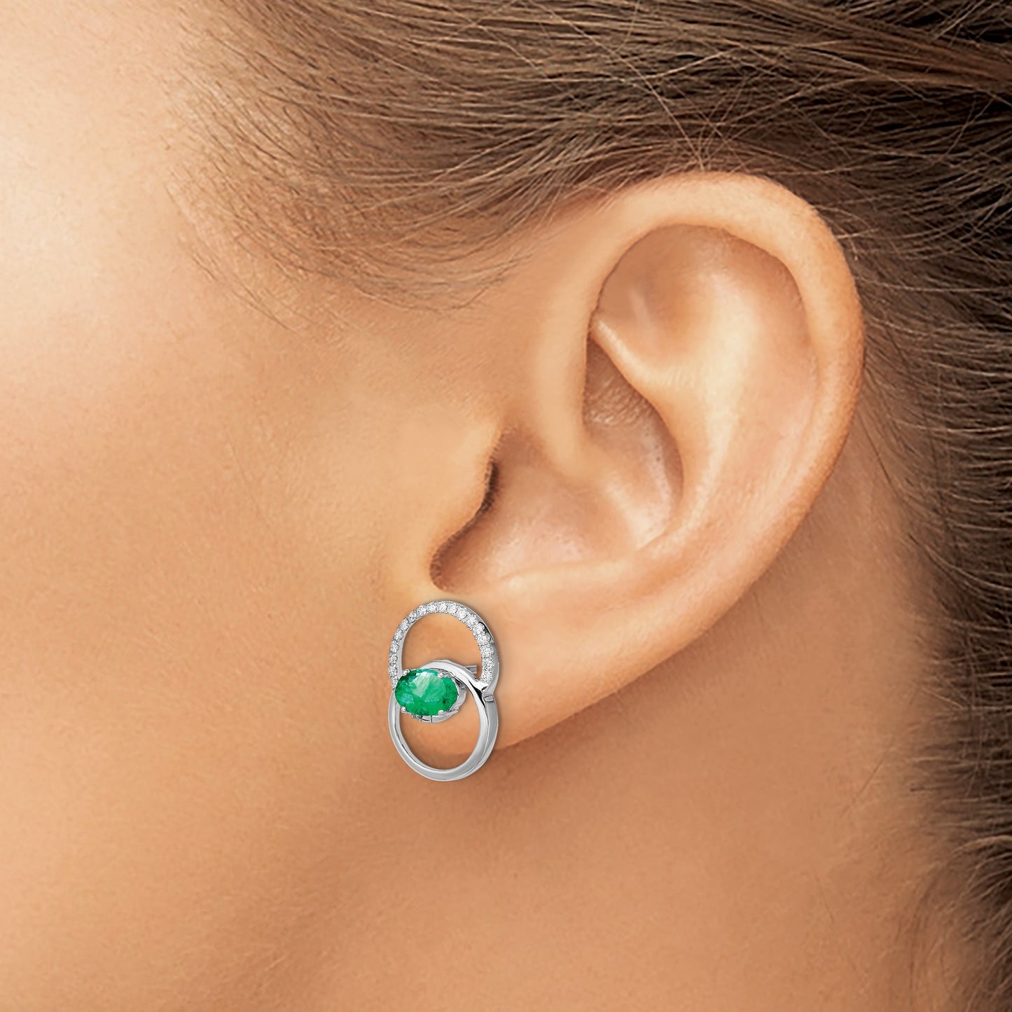 14k White Gold Double Circle Emerald and Diamond Post Earrings