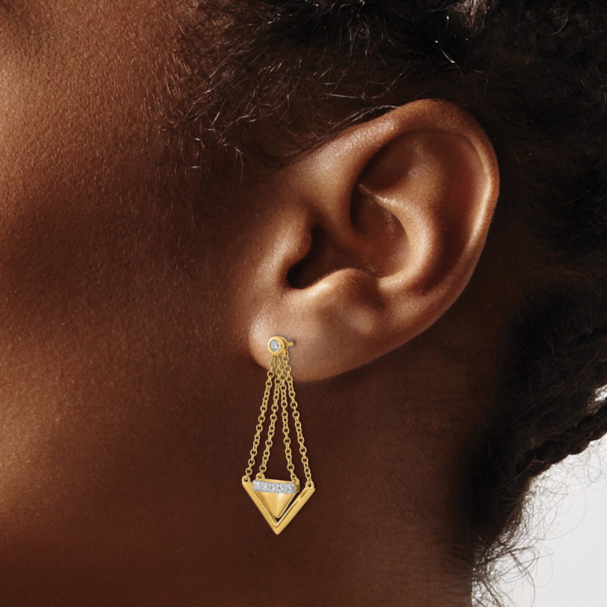14k Satin/Polished 1/6 carat Diamond Triangle and Chain Dangle Post Earrings