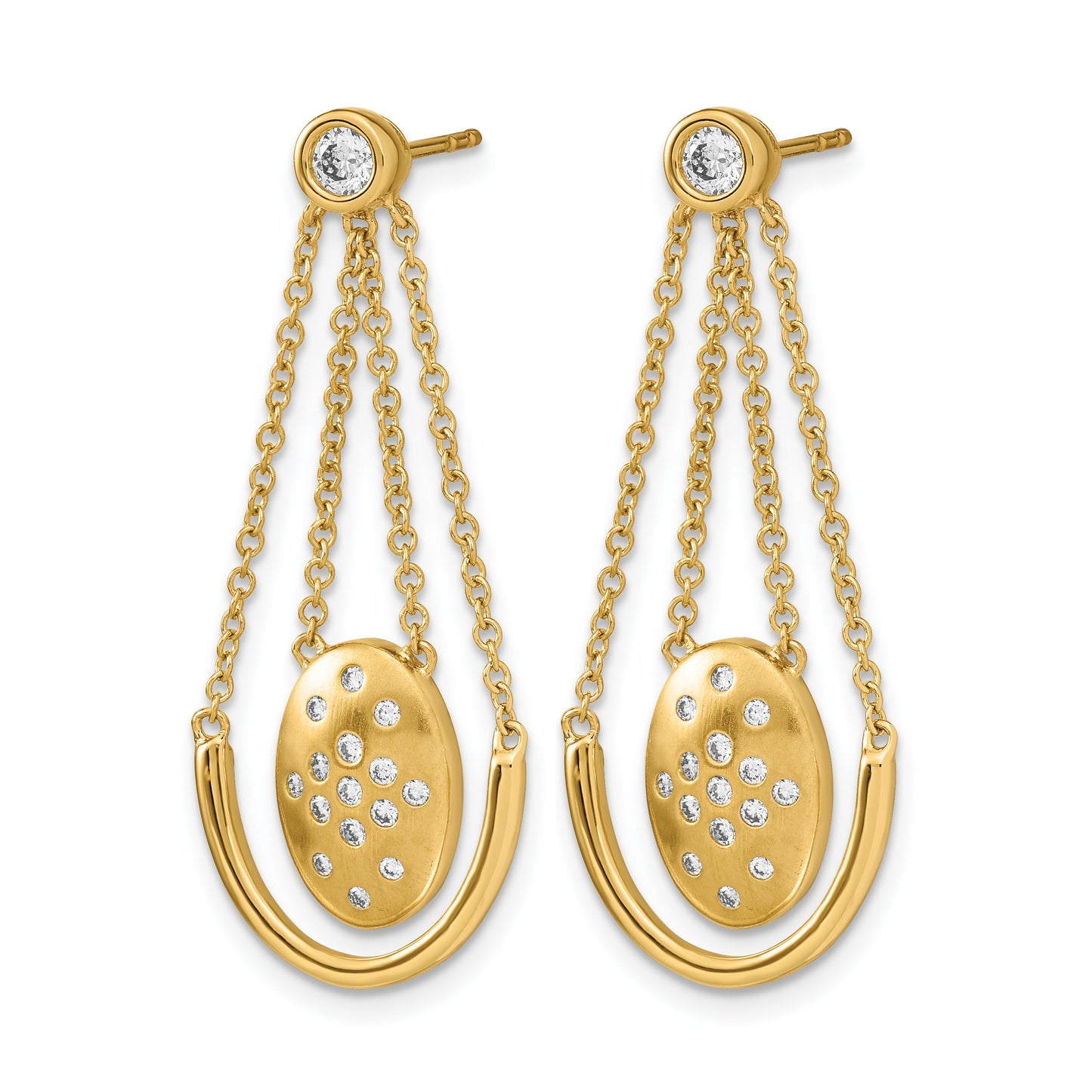 14k Satin/Polished 1/3 carat Diamond Oval with Chain Dangle Post Earrings