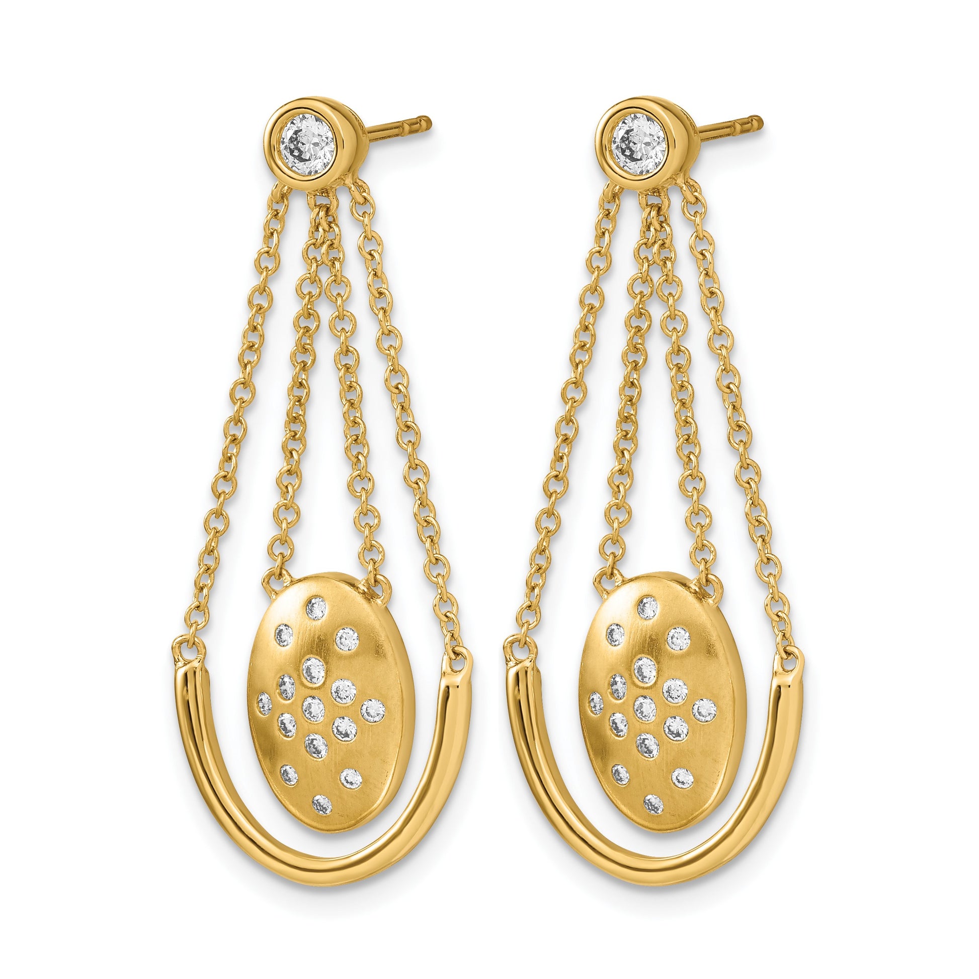 14k Satin/Polished 1/3 carat Diamond Oval with Chain Dangle Post Earrings