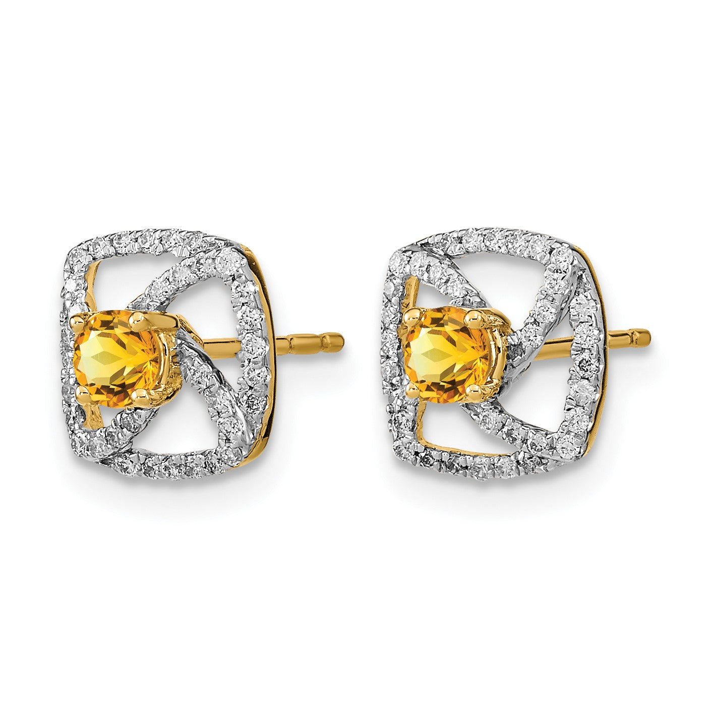 14k Polished 1/5 carat Diamond and 3.4mm Round Citrine Square Post Earrings