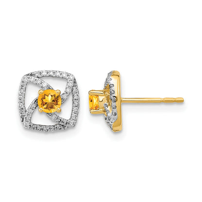 14k Polished 1/5 carat Diamond and 3.4mm Round Citrine Square Post Earrings