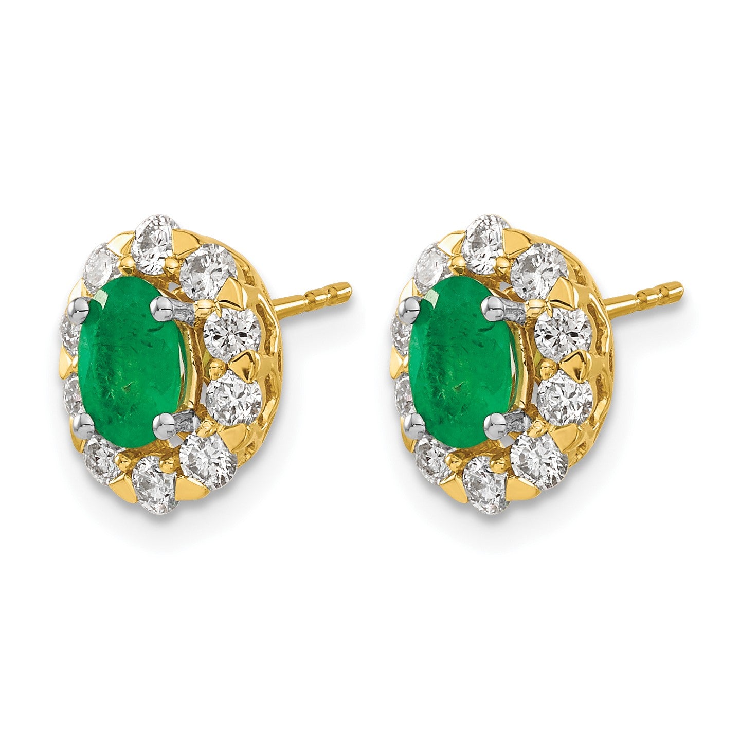 14k 6x4mm Oval Emerald and 3/4 carat Diamond Halo Post Earrings