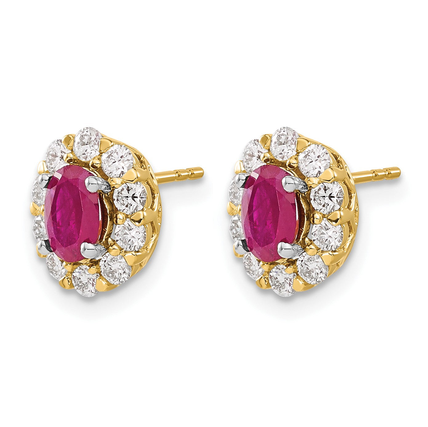 14k 6x4mm Oval Ruby and 3/4 carat Diamond Halo Post Earrings