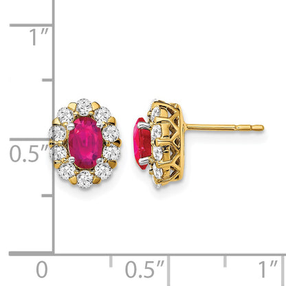 14k 6x4mm Oval Ruby and 3/4 carat Diamond Halo Post Earrings