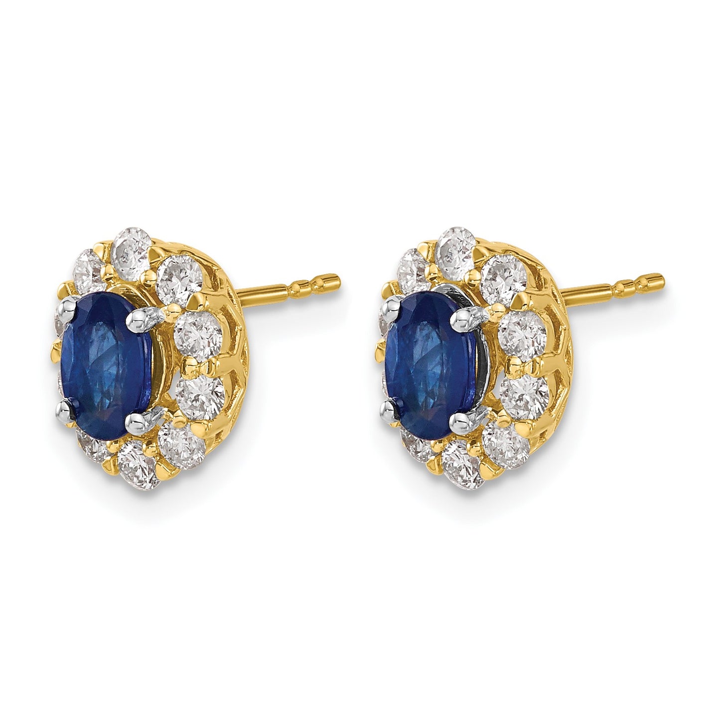 14k 6x4mm Oval Sapphire and 3/4 carat Diamond Halo Post Earrings