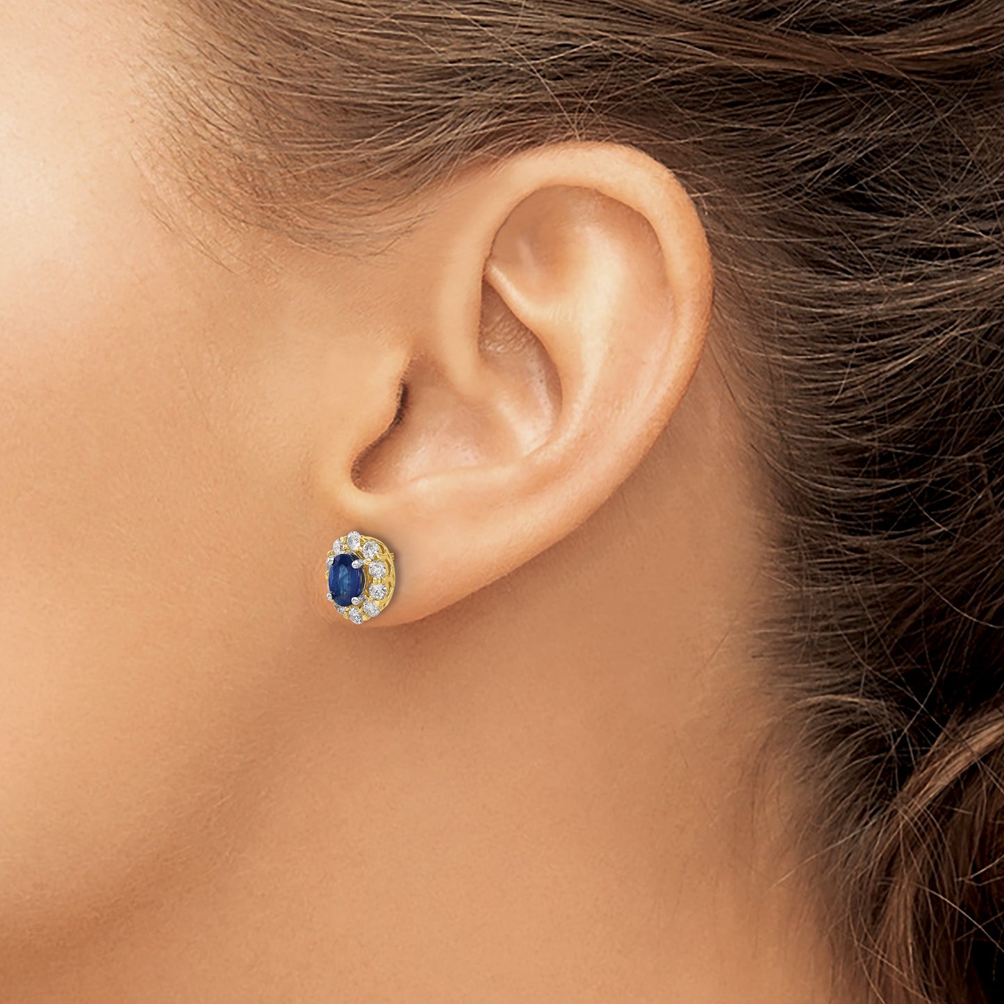 14k 6x4mm Oval Sapphire and 3/4 carat Diamond Halo Post Earrings
