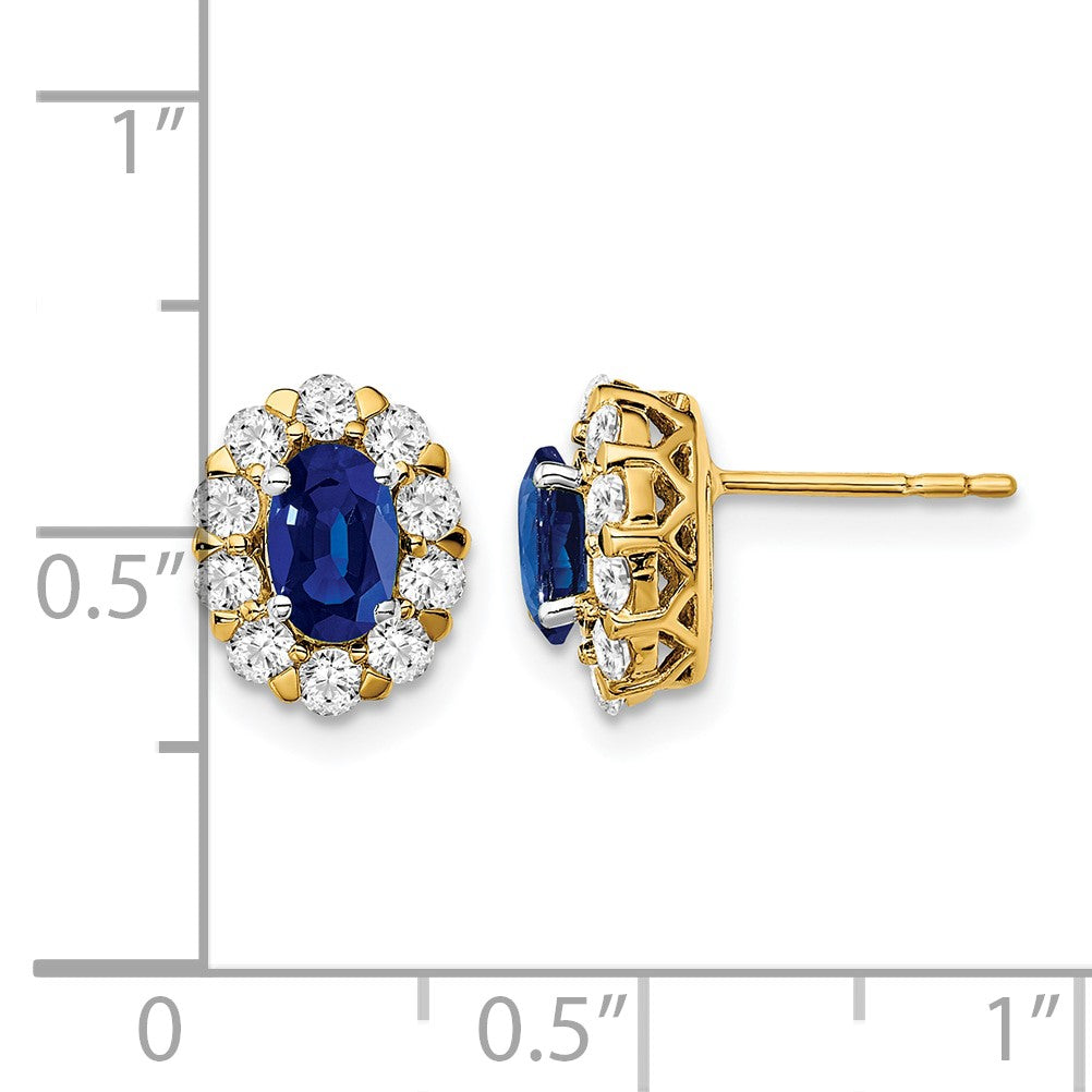 14k 6x4mm Oval Sapphire and 3/4 carat Diamond Halo Post Earrings