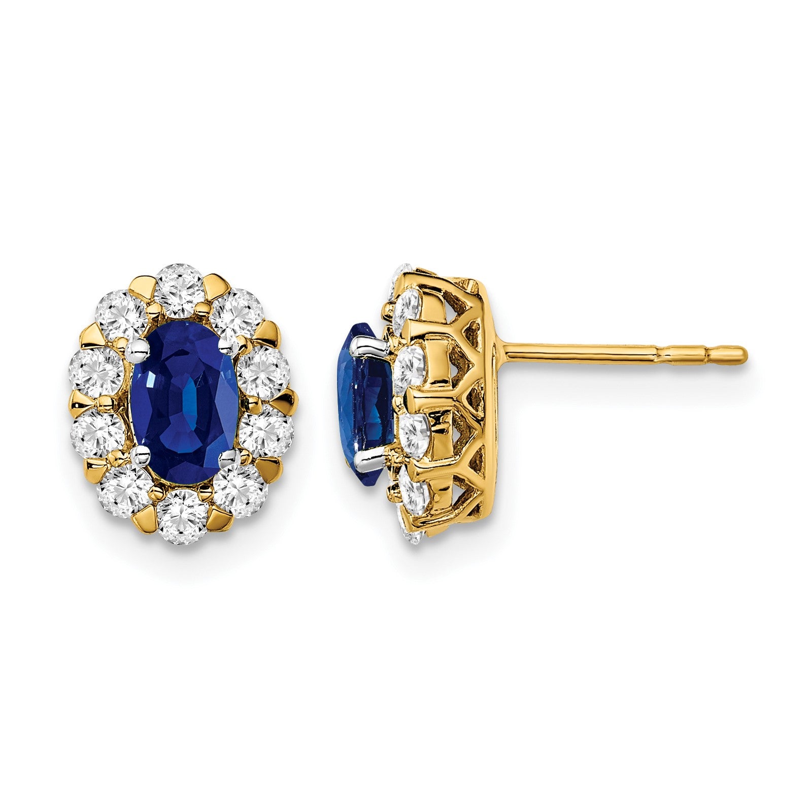 14k 6x4mm Oval Sapphire and 3/4 carat Diamond Halo Post Earrings