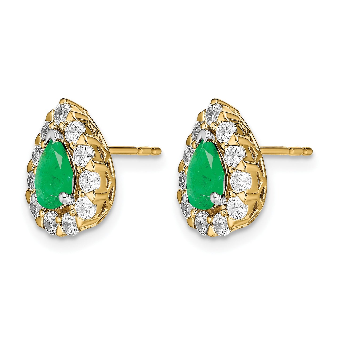 14k 6x4mm Pear Emerald and 3/4 carat Diamond Halo Post Earrings
