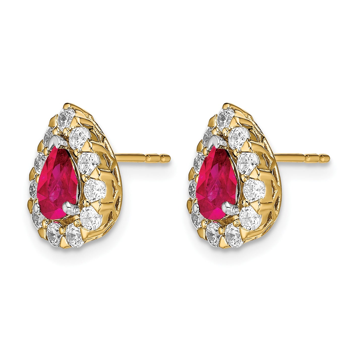 14k 6x4mm Pear Ruby and 3/4 carat Diamond Halo Post Earrings