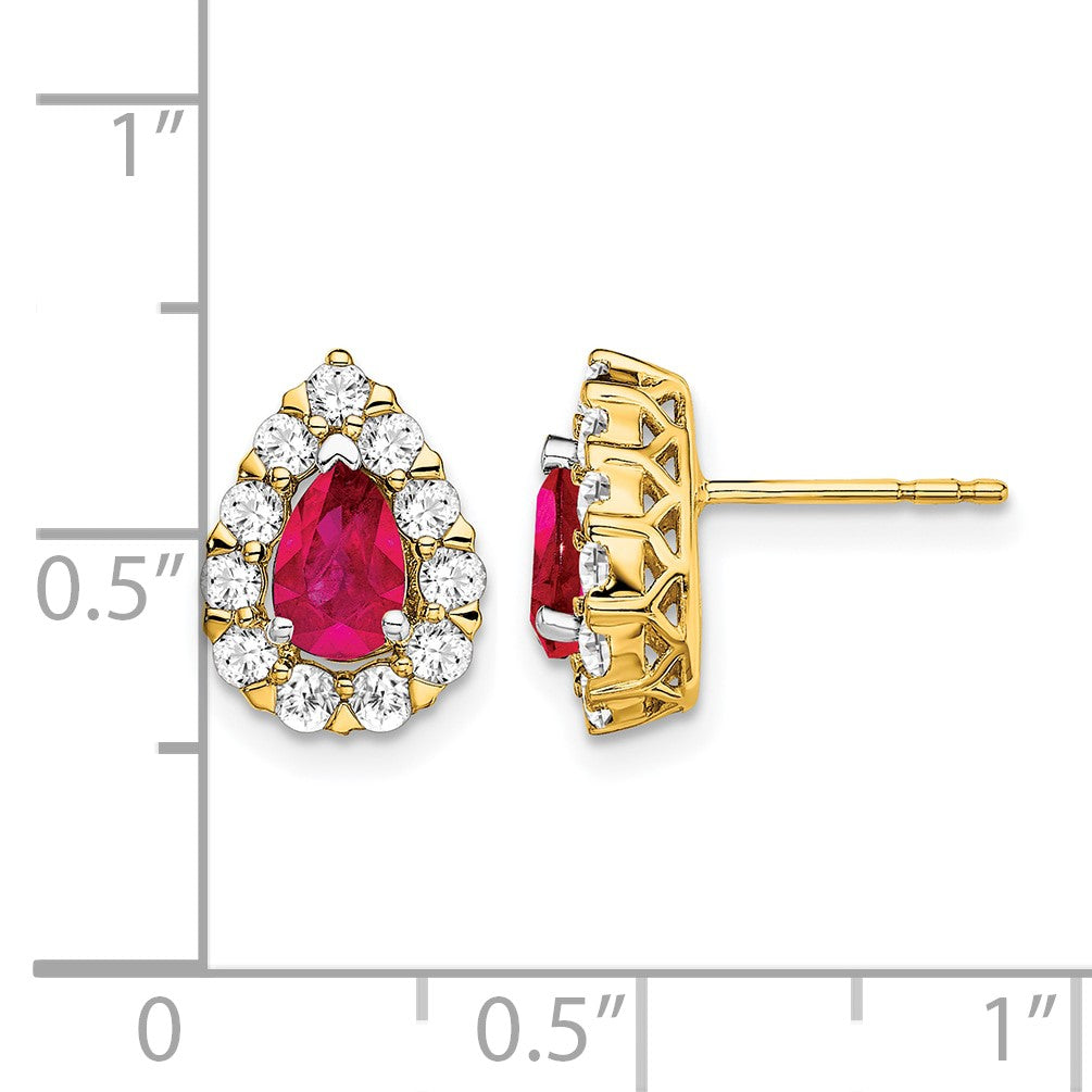 14k 6x4mm Pear Ruby and 3/4 carat Diamond Halo Post Earrings