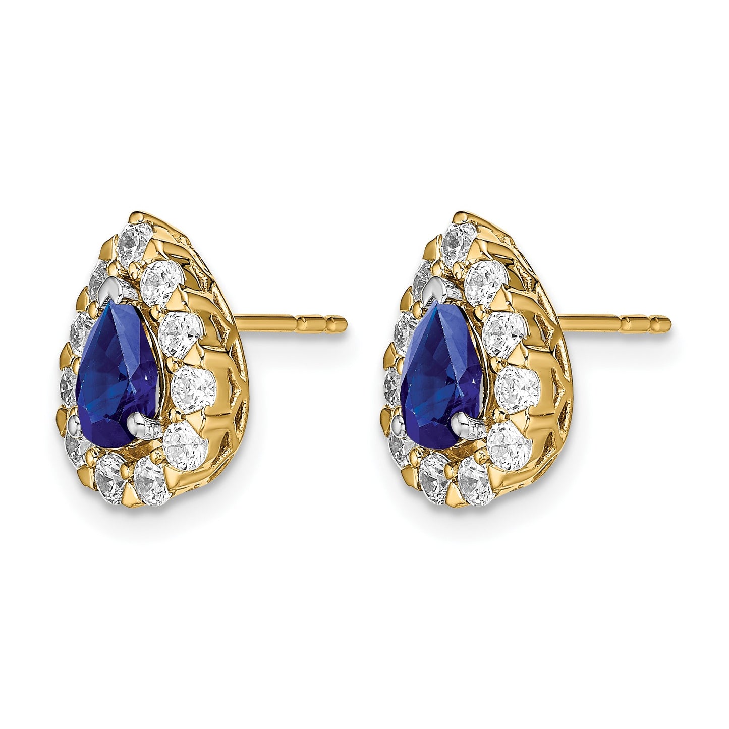 14k 6x4mm Pear Sapphire and 3/4 carat Diamond Halo Post Earrings