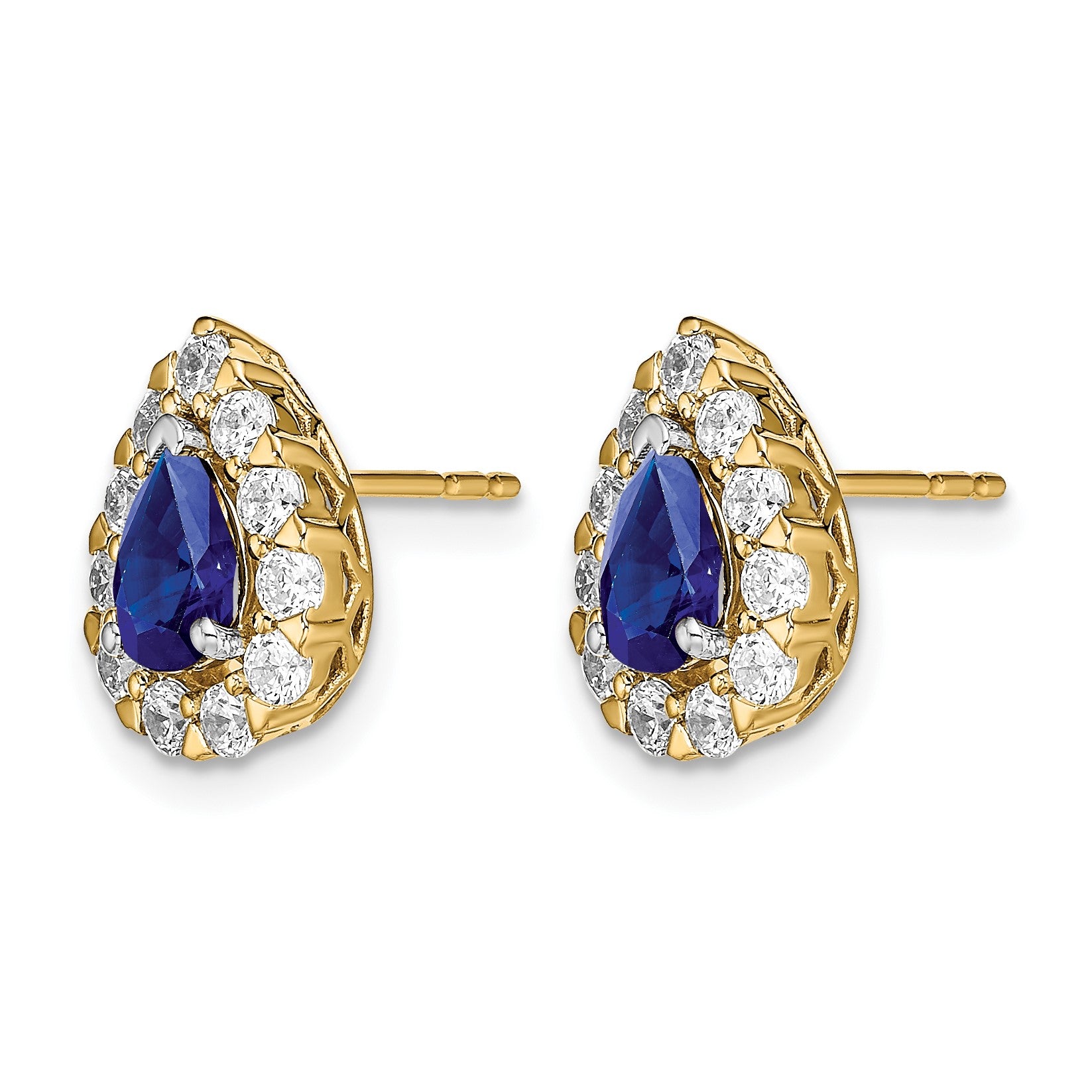 14k 6x4mm Pear Sapphire and 3/4 carat Diamond Halo Post Earrings