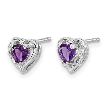 14k White Gold 4mm Heart Amethyst and Diamond Post Earrings