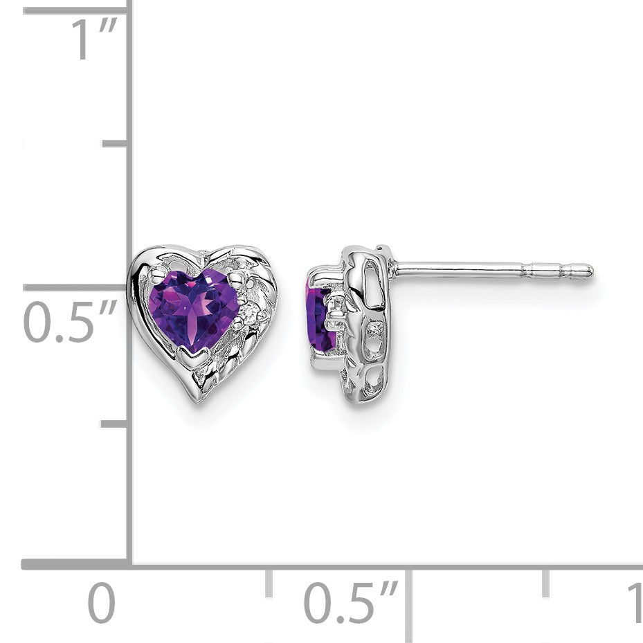 14k White Gold 4mm Heart Amethyst and Diamond Post Earrings