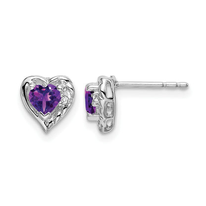14k White Gold 4mm Heart Amethyst and Diamond Post Earrings