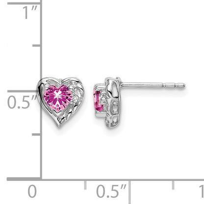 14k White Gold 4mm Heart Lab Created Pink Sapphire and Diamond Post Earrings