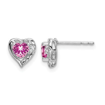 14k White Gold 4mm Heart Lab Created Pink Sapphire and Diamond Post Earrings