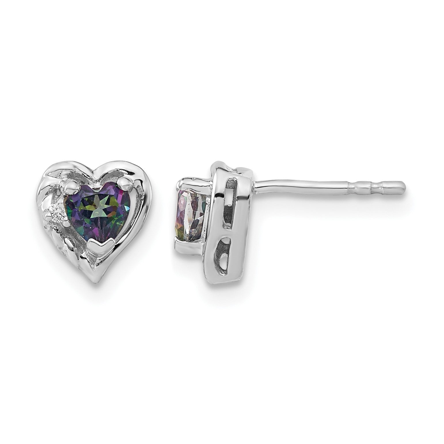 14k White Gold 4mm Heart Mystic Fire Topaz and Diamond Post Earrings