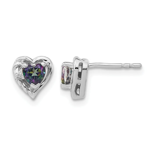 14k White Gold 4mm Heart Mystic Fire Topaz and Diamond Post Earrings