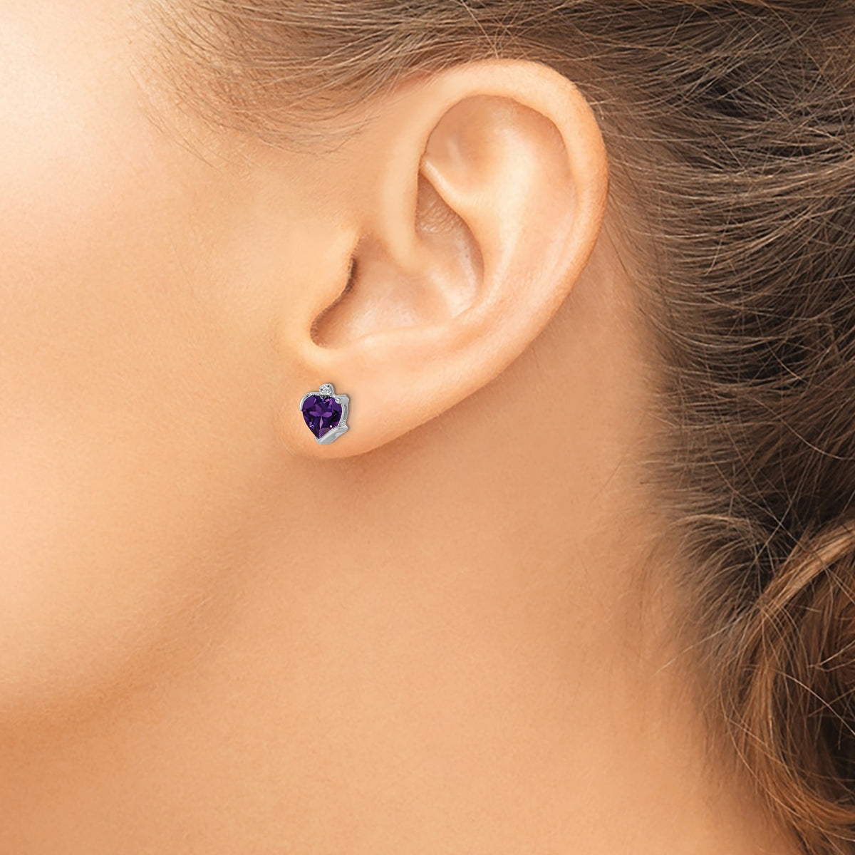 14k White Gold 6mm Heart Amethyst and Diamond Post Earrings