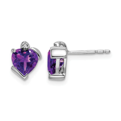 14k White Gold 6mm Heart Amethyst and Diamond Post Earrings