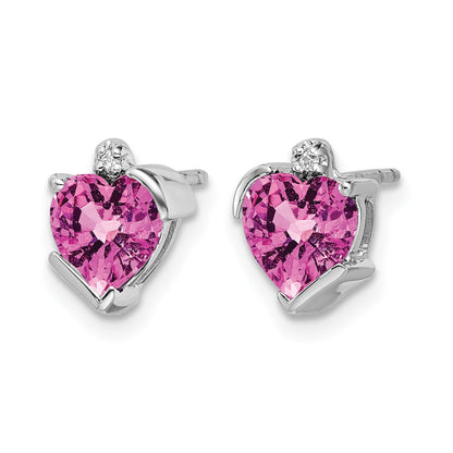 14k White Gold 6mm Heart Lab Created Pink Sapphire and Diamond Post Earrings