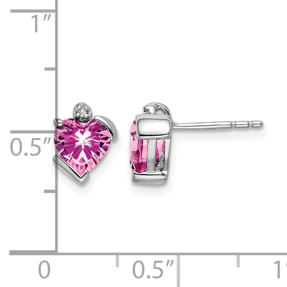 14k White Gold 6mm Heart Lab Created Pink Sapphire and Diamond Post Earrings