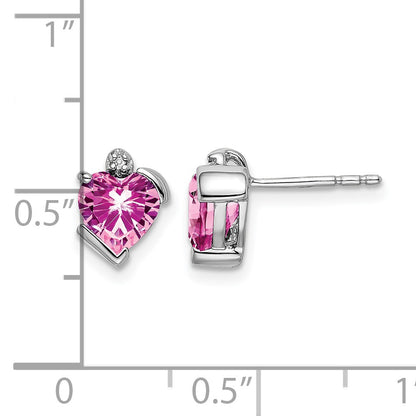 14k White Gold 6mm Heart Lab Created Pink Sapphire and Diamond Post Earrings