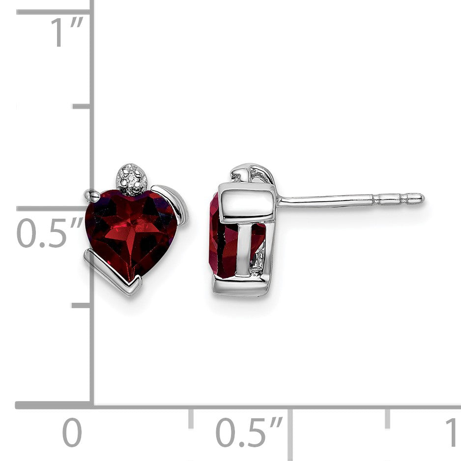 14k White Gold 6mm Heart Garnet and Diamond Post Earrings