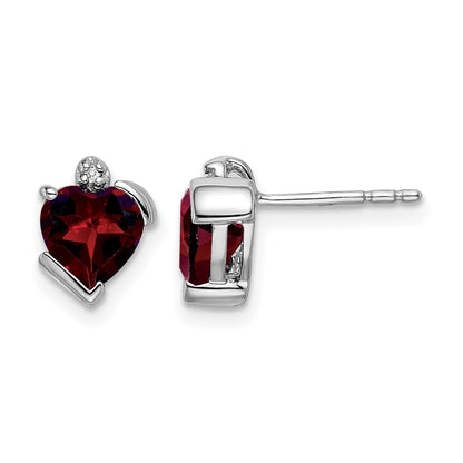 14k White Gold 6mm Heart Garnet and Diamond Post Earrings