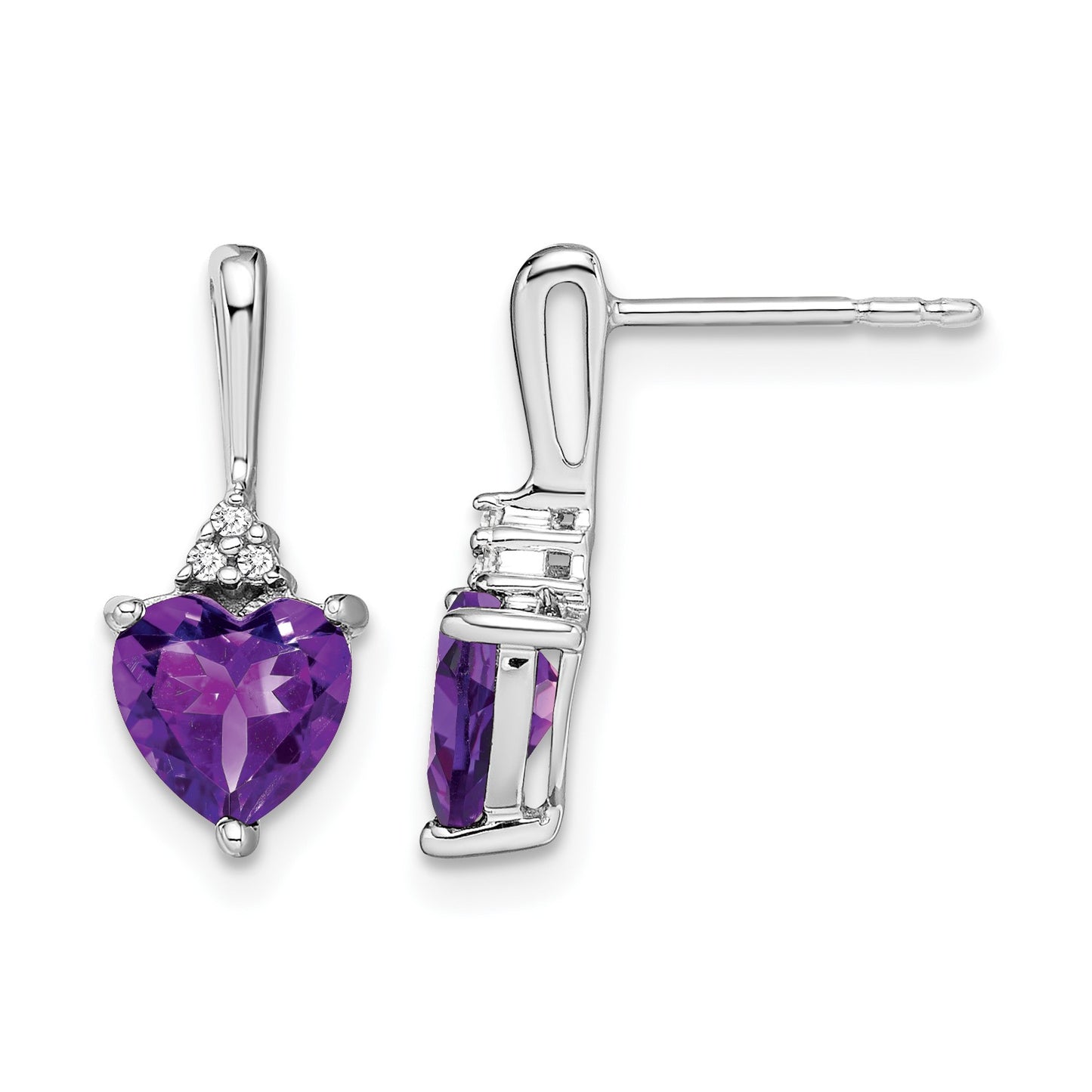 14k White Gold 6mm Heart Amethyst and Diamond Post Earrings