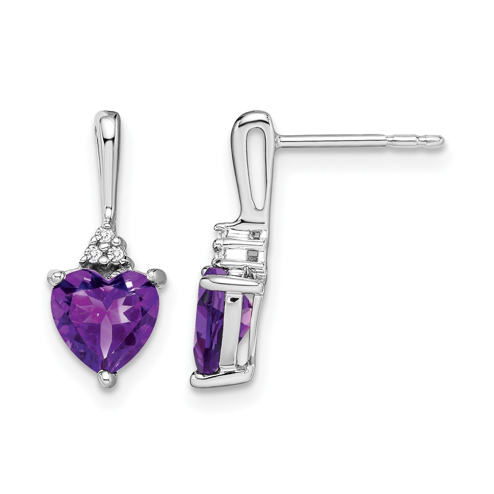 14k White Gold 6mm Heart Amethyst and Diamond Post Earrings