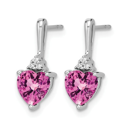 14k White Gold 6mm Heart Lab Created Pink Sapphire and Diamond Post Earrings