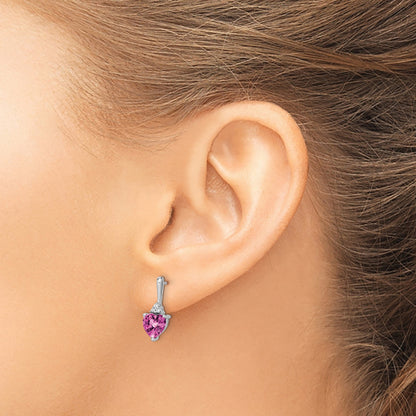14k White Gold 6mm Heart Lab Created Pink Sapphire and Diamond Post Earrings