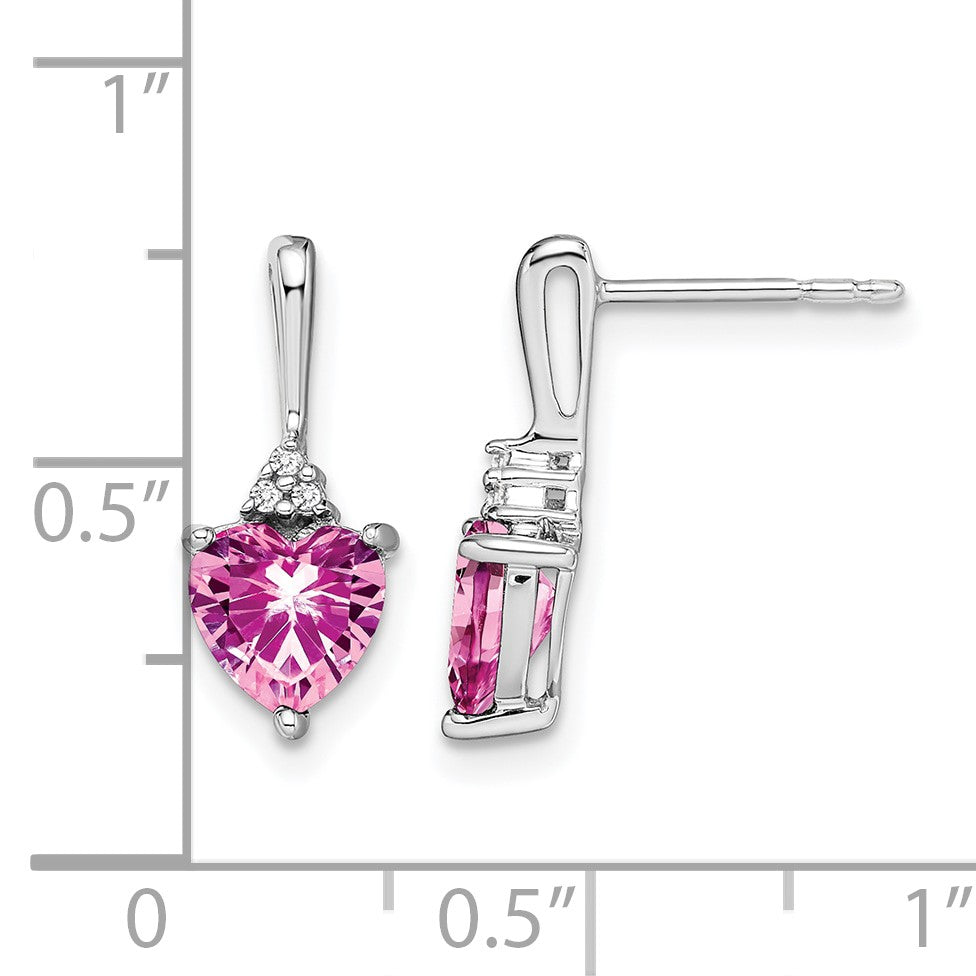 14k White Gold 6mm Heart Lab Created Pink Sapphire and Diamond Post Earrings