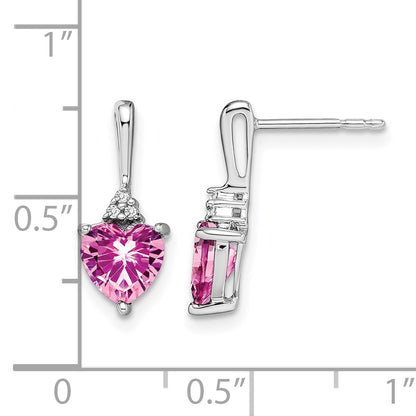 14k White Gold 6mm Heart Lab Created Pink Sapphire and Diamond Post Earrings