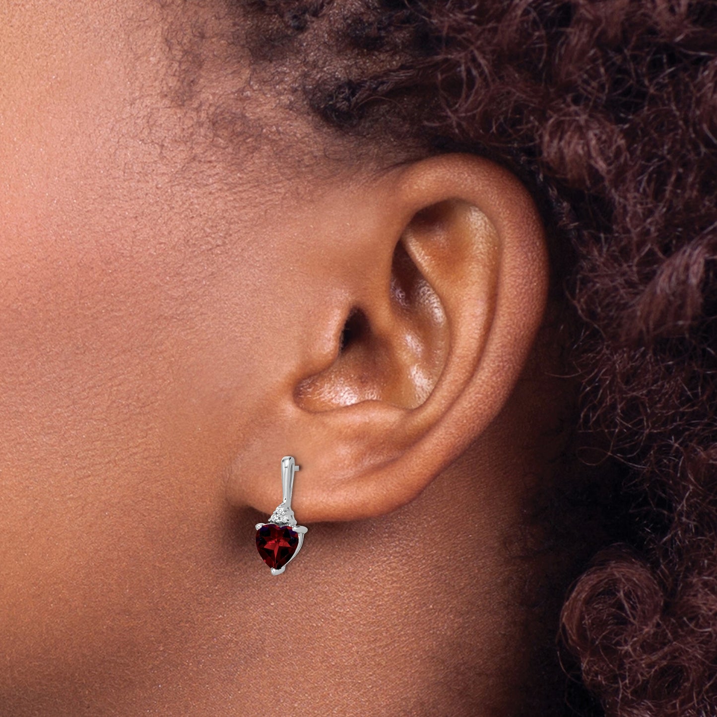 14k White Gold 6mm Heart Garnet and Diamond Post Earrings