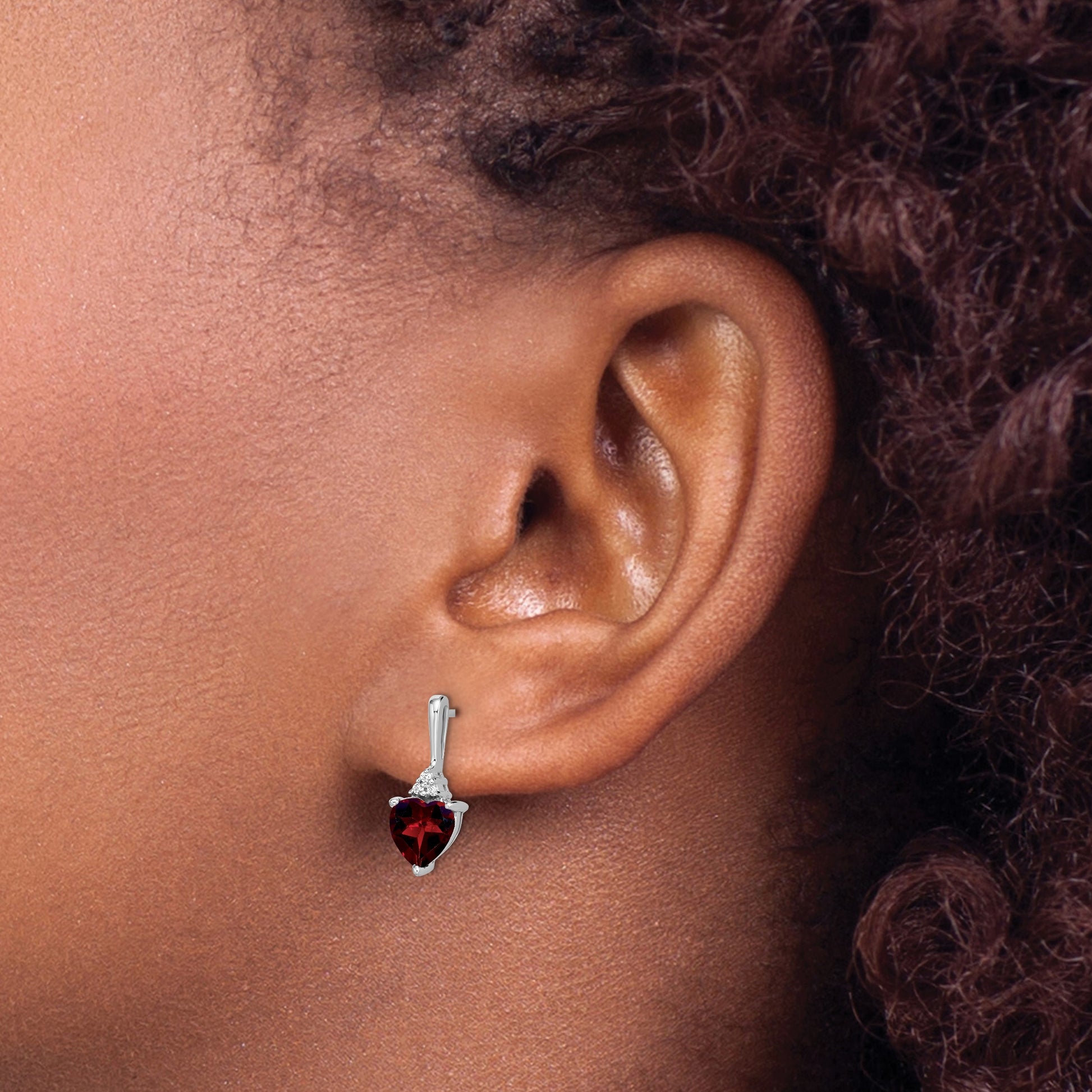 14k White Gold 6mm Heart Garnet and Diamond Post Earrings