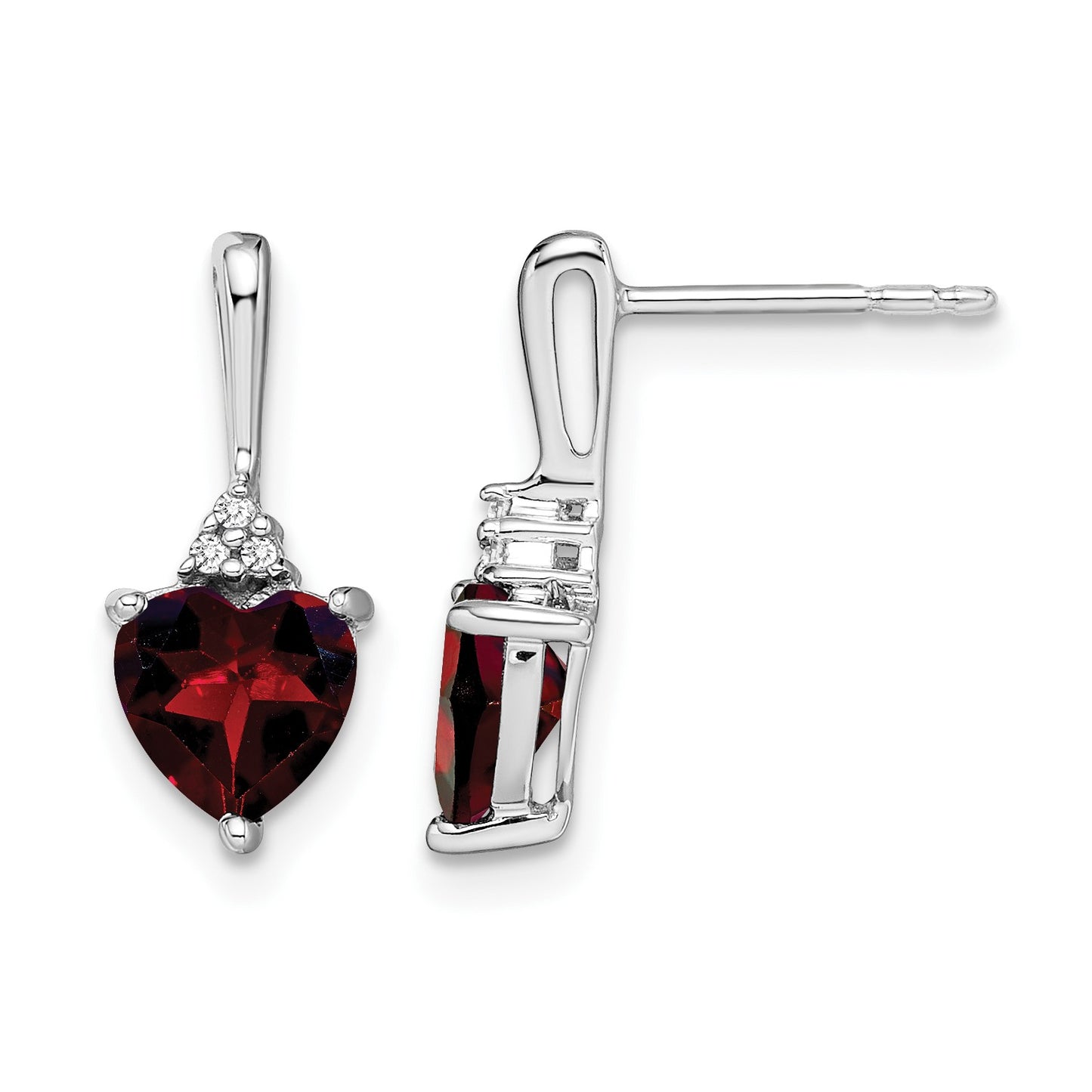 14k White Gold 6mm Heart Garnet and Diamond Post Earrings