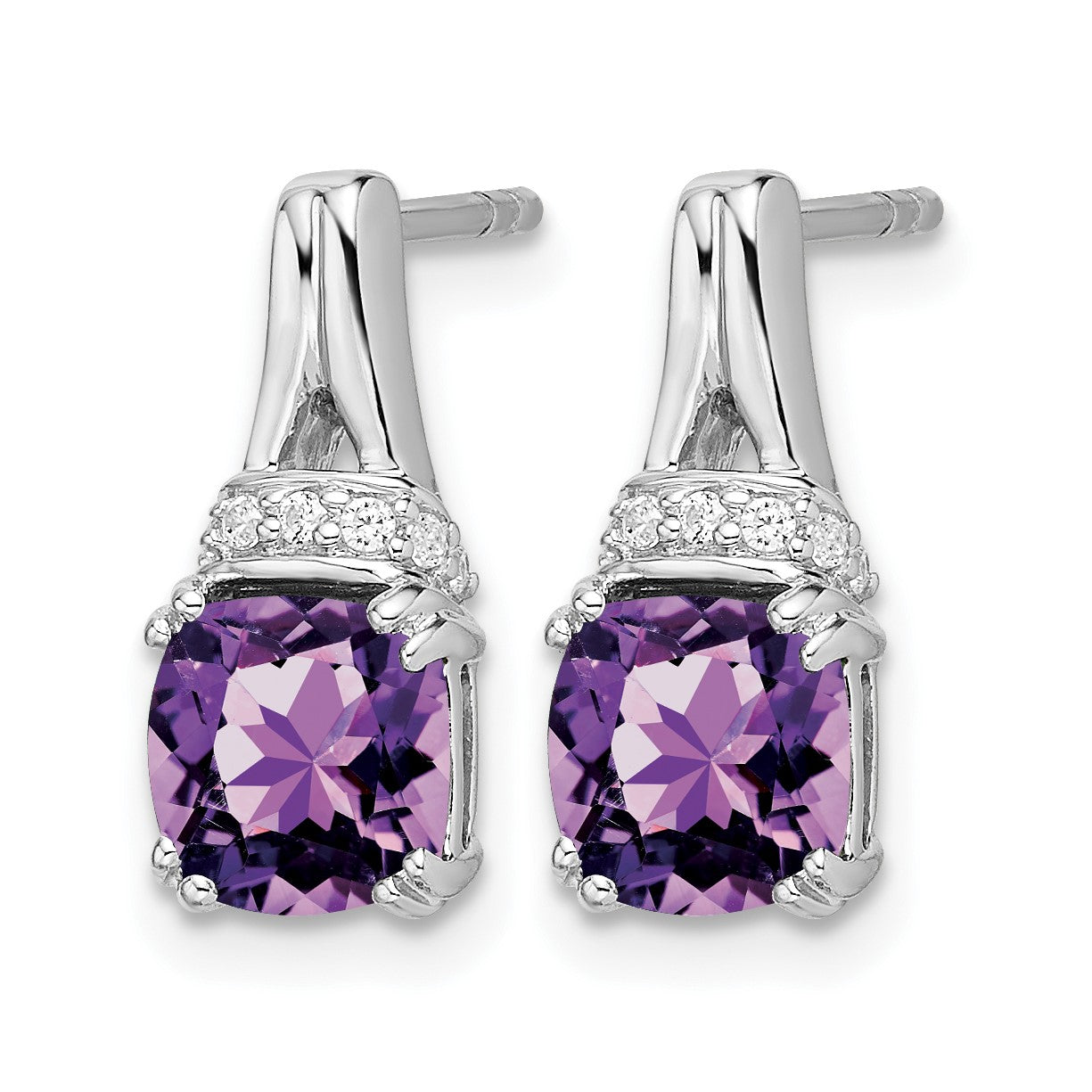 14k White Gold 6mm Cushion Amethyst and .07 carat Diamond Post Earrings