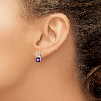 14k White Gold 6mm Cushion Amethyst and .07 carat Diamond Post Earrings