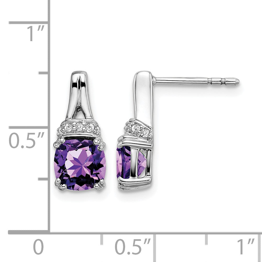 14k White Gold 6mm Cushion Amethyst and .07 carat Diamond Post Earrings